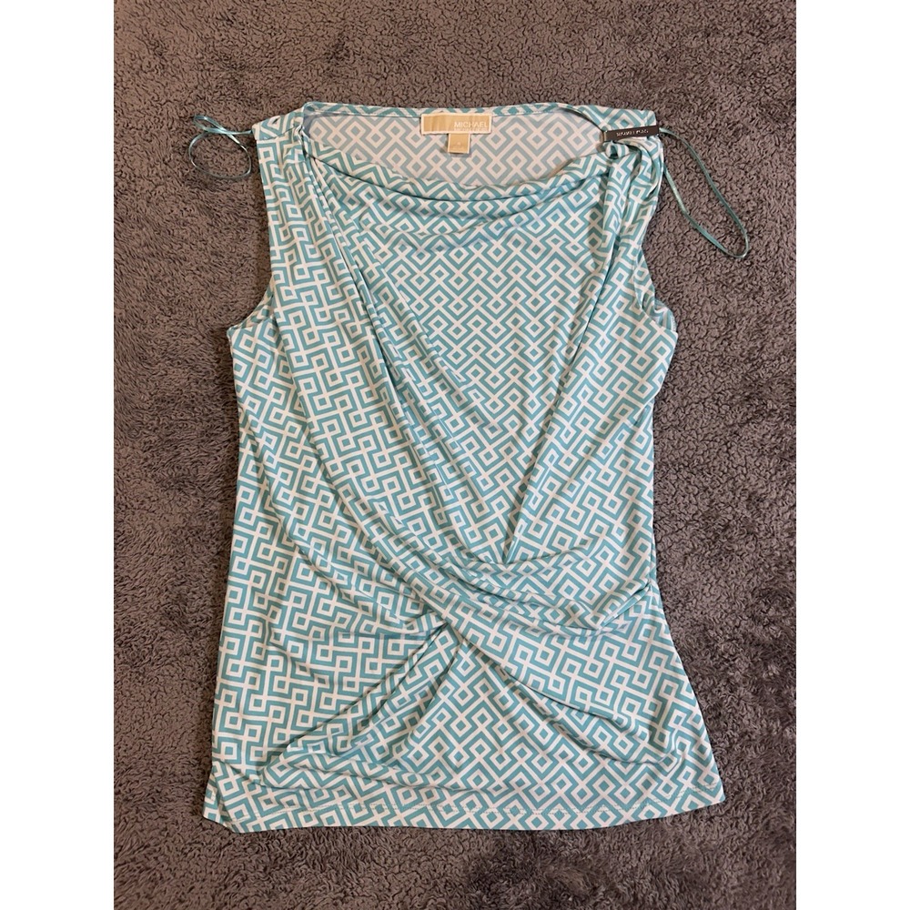 Michael Kors Top S Neck Blue White Cotton/Modal Geometric Cross Design